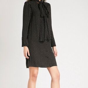 Michael Michael Kors Black & Gold Polka Dot Pleated Tie-Neck Dress – Size M.